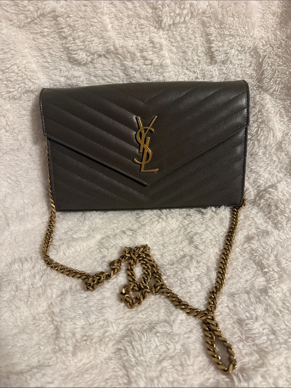 Saint Laurent Dark Gray/Olive Quilted Envelope Chain Bag with Gold YSL